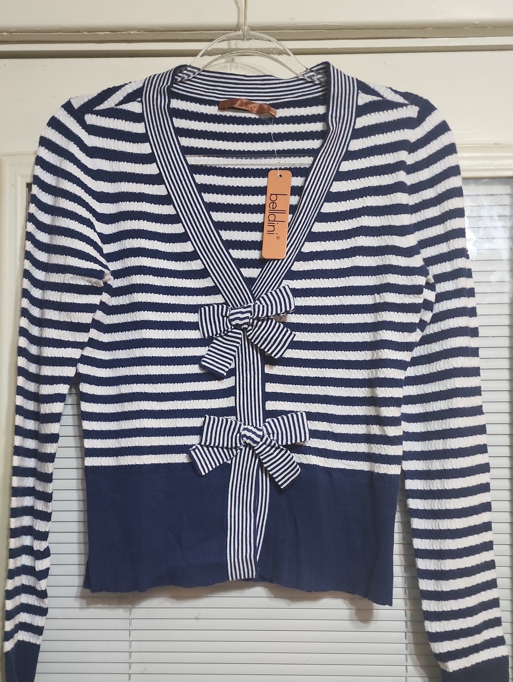 Belldini Navy and White Striped Bow-Front Cardigan (NWT)